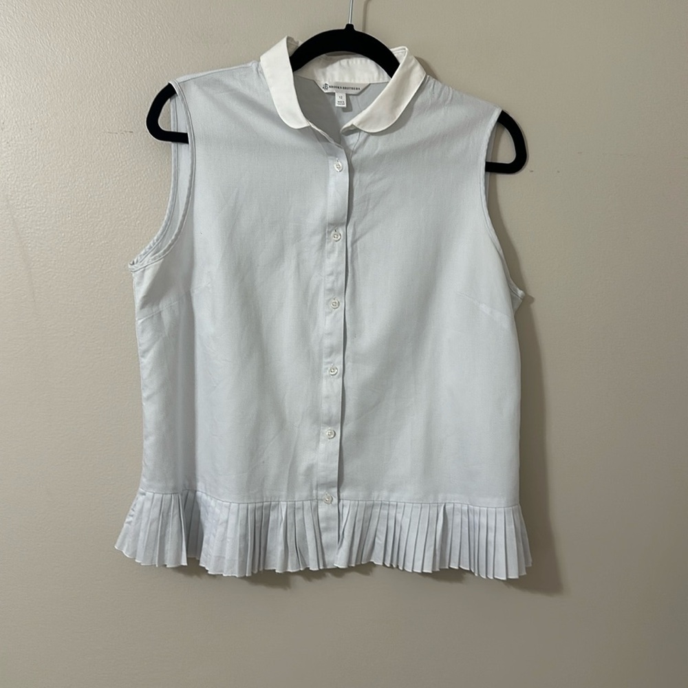 Brooks Brothers Sleeveless Cotton Button Down Top Peter Pan Collar Pleats Sz 12